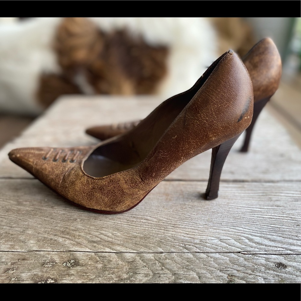 SCHUTZ Brown Distressed Leather Pointed-Toe Heels - Picture 2 of 5